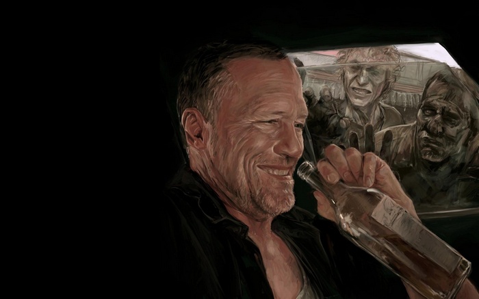The Walking Dead: Man with bottle and zombies