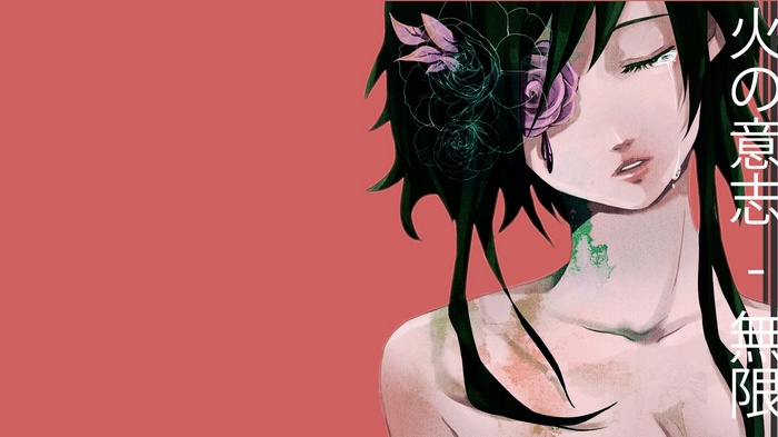 Anime girl with green hair and flowers crying