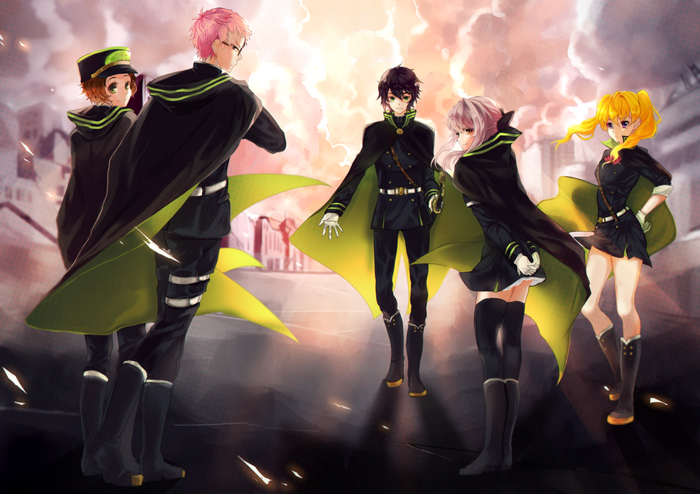 Owari no Seraph characters in black and green uniforms