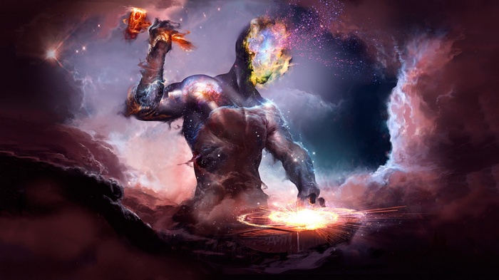 Demiurge forging the universe with a hammer