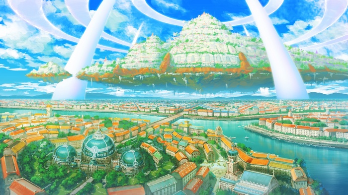 Floating islands city above a river city