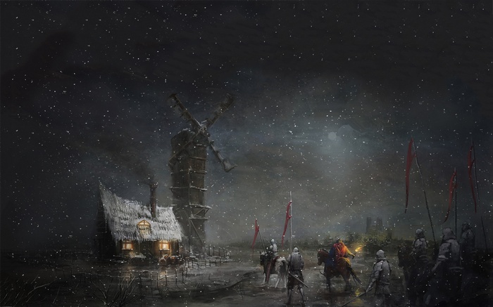 Medieval knights in a snowy landscape with a windmill