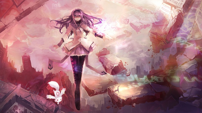 Akemi Homura and Kyubey in a destroyed city