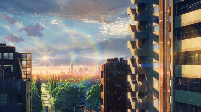 The Garden of Words anime city sunrise with rainbow