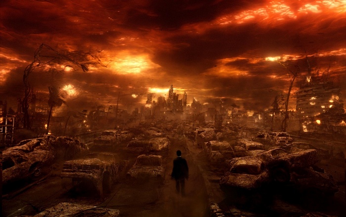 Constantine walks through a destroyed city under a hellish sky