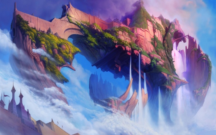 Floating islands with waterfalls and castles in the sky