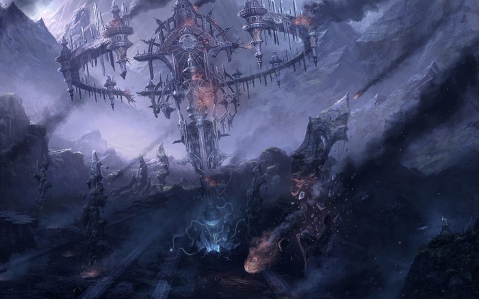 Fantasy art of a destroyed tower in a mountainous landscape