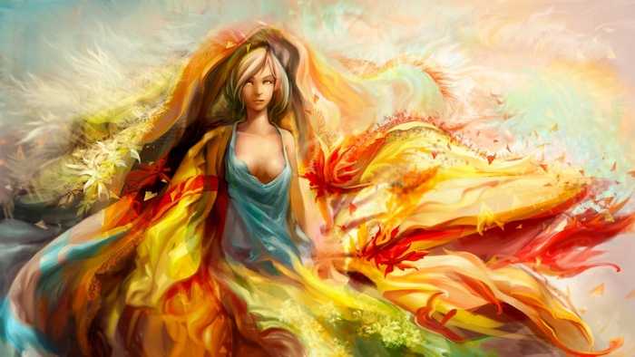 Fantasy art of a woman with flowing colorful fabric