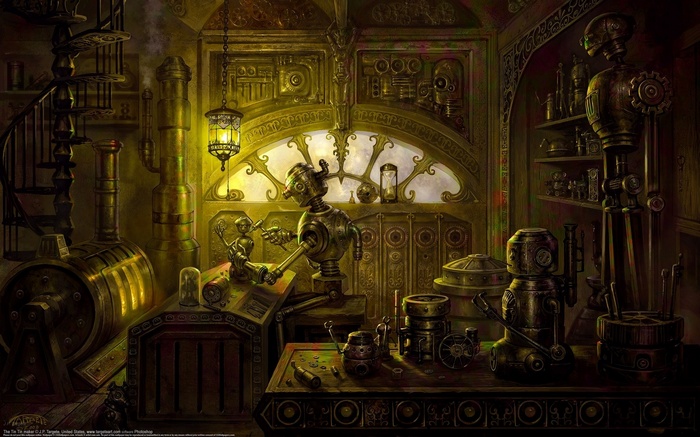 Steampunk robot workshop with intricate machinery