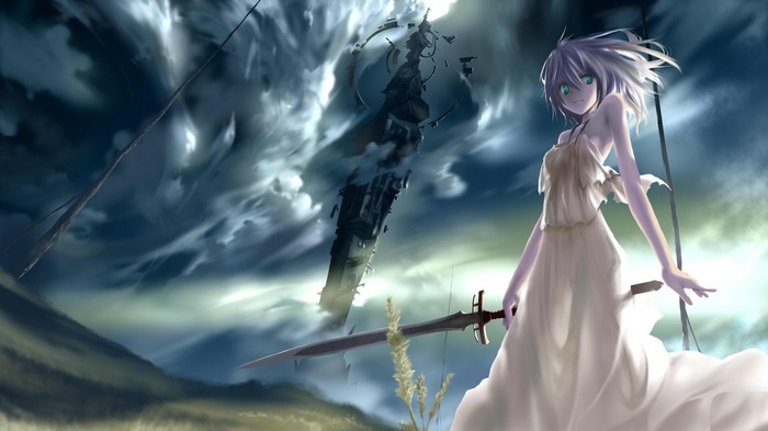 Warrior girl with sword and ruined tower