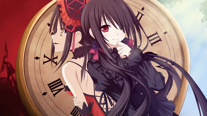 Tokisaki Kurumi and another girl behind a clock