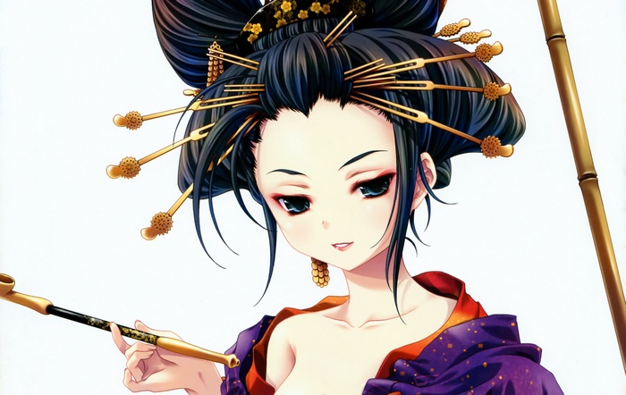 Anime girl in traditional Japanese attire holding a pipe