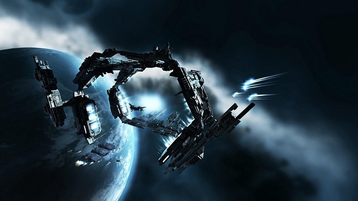 EVE Online Caldari Spaceship and Planet