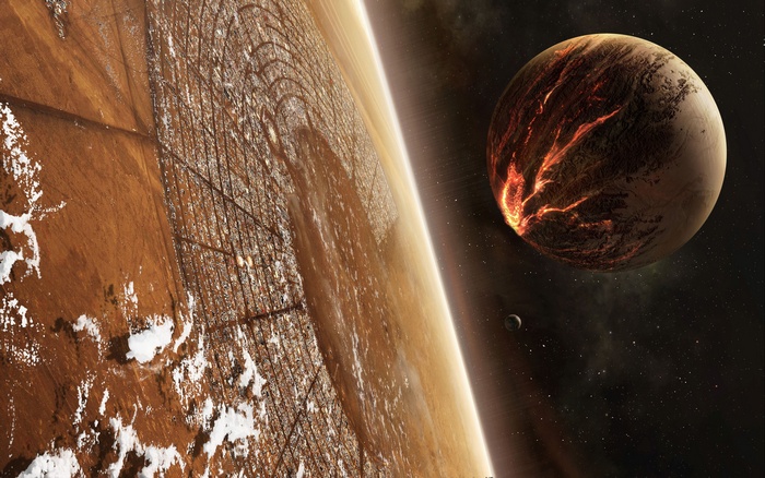 Alien planet with a ringed structure and a volcanic moon
