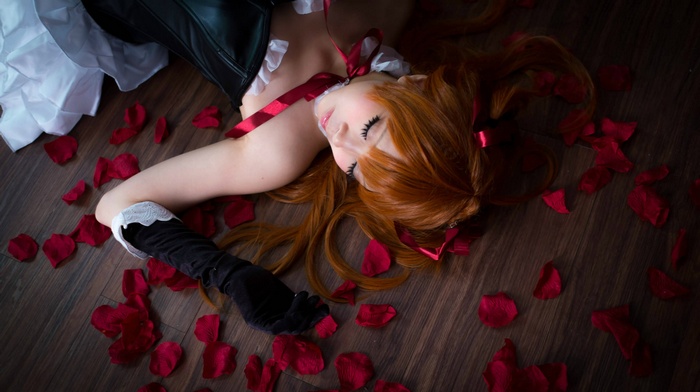 skirt, closed eyes, on the floor, ribbon, model, lying on back, wooden surface, Asian, bare shoulders, Asuka Langley Soryu, long hair, women, maid, Hayari Cosplay, redhead, flower petals
