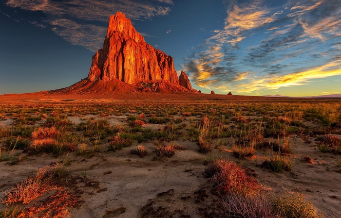 Shiprock in New Mexico Desert at Sunset