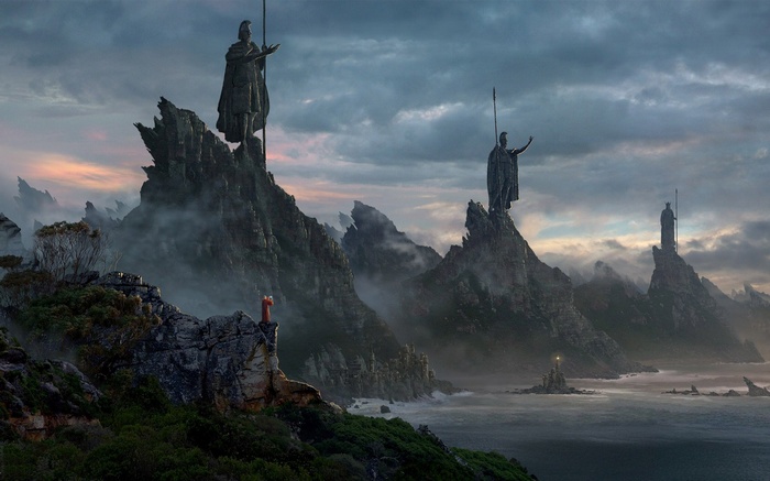 Fantasy landscape with statues and a lone figure