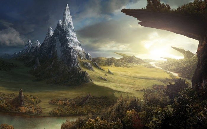 Fantasy landscape with snow-capped mountains and a river
