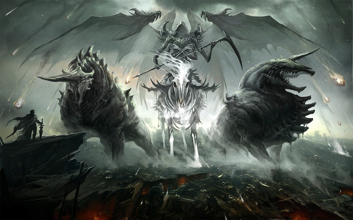 Death on a pale horse with monstrous beasts