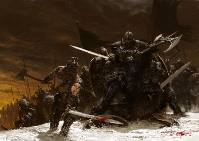 Fantasy warriors in a brutal battle on snowy ground