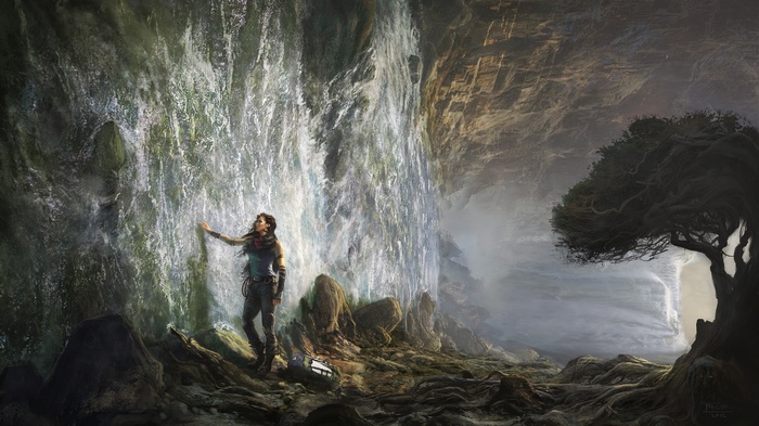 Fantasy art of a woman by a waterfall in a cave