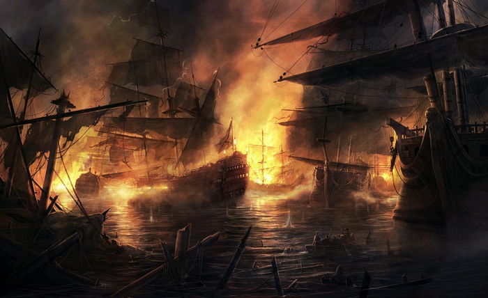 Digital art of burning ships in a naval battle
