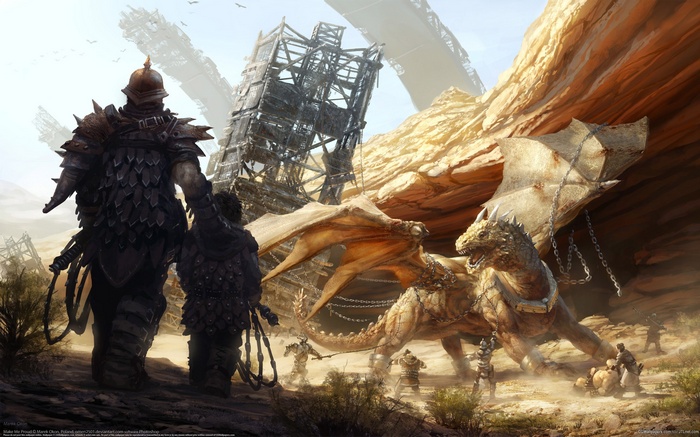 Fantasy art of a dragon and armored figures in a desert landscape