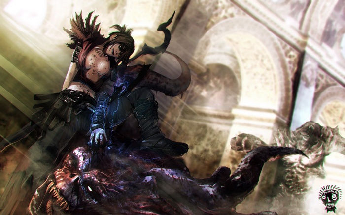 Morrigan from Dragon Age: Origins on a monster