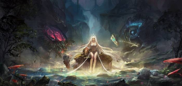 Janna from League of Legends in a mystical cave