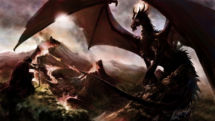Dragon and knight in a fantasy landscape
