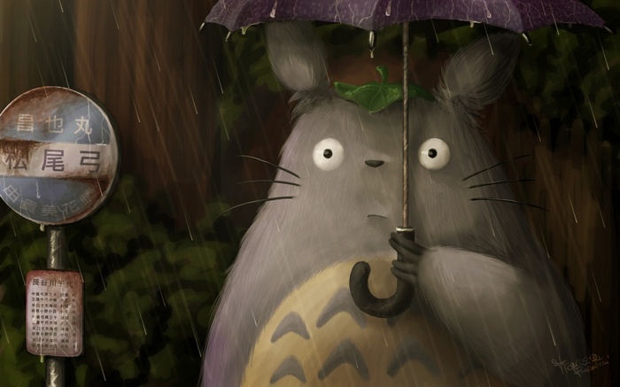 Totoro with an umbrella at a bus stop in the rain