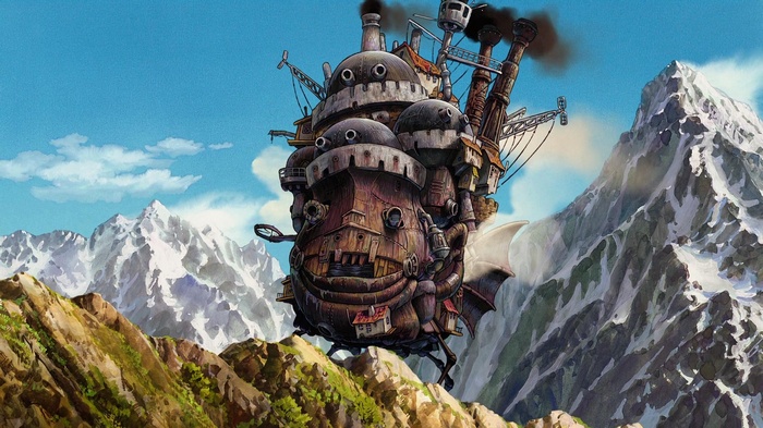 Howl's Moving Castle flying over mountains