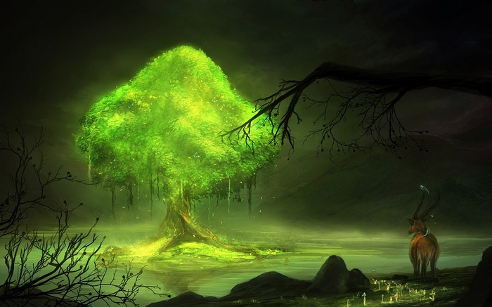 Fantasy glowing tree with deer by the water