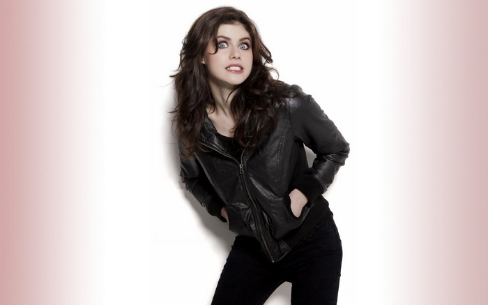 Alexandra Daddario wearing a leather jacket