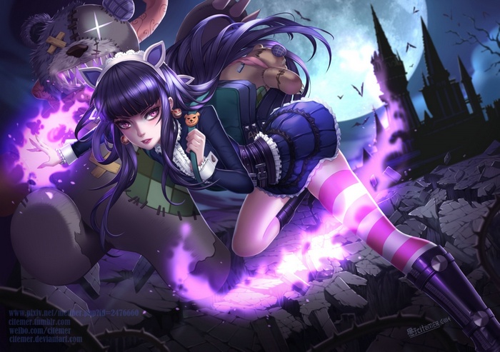 Annie from League of Legends with Tibbers in a spooky setting