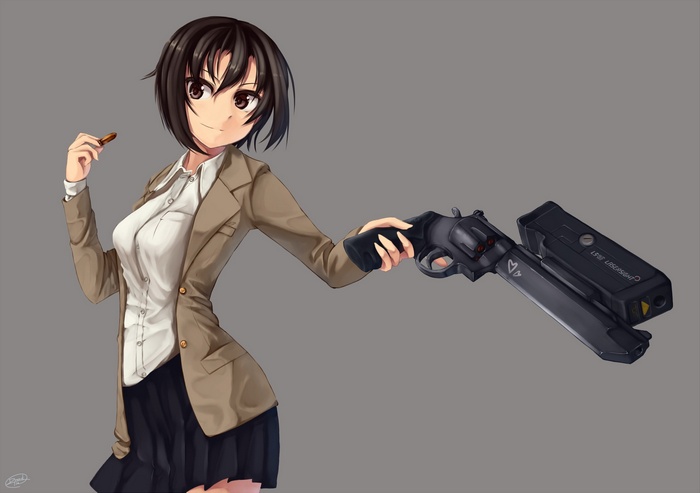 Anime girl with short dark hair holding a gun