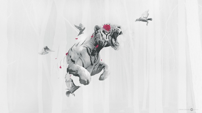 White tiger roaring with birds and petals