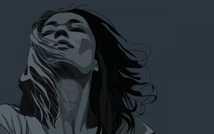 Woman with windblown hair in a dark, abstract style