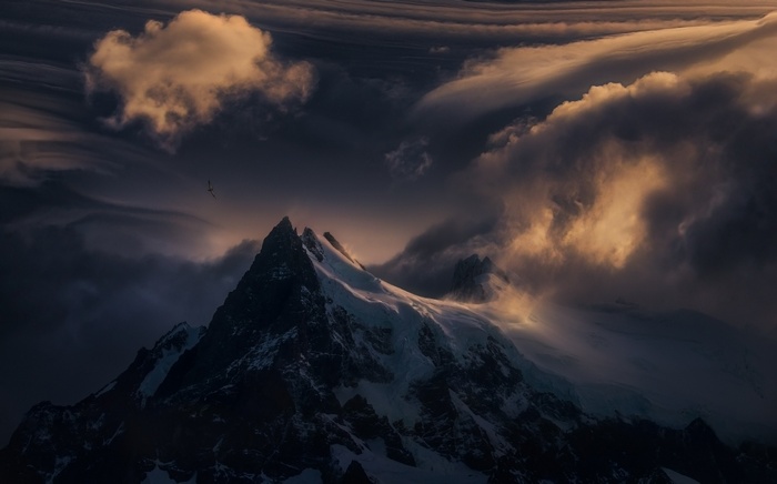 Bird flying over a snowy mountain peak with dramatic clouds