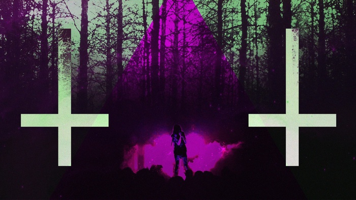 Satanic symbols and a performer in a forest