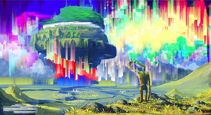 Glitch art of Castle in the Sky with robot
