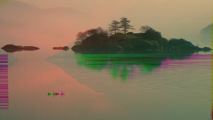 Glitch art island reflection on water