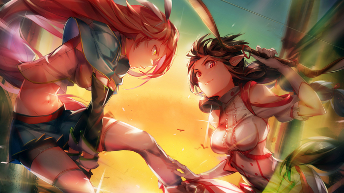 Two anime girls fighting with swords and bow
