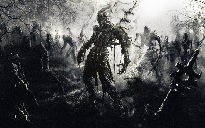 Zombies rising from a graveyard