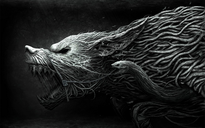 snake, wolf, simple background, Werewolf, creature, roots, fantasy art, horror, monochrome, dark fantasy, digital art