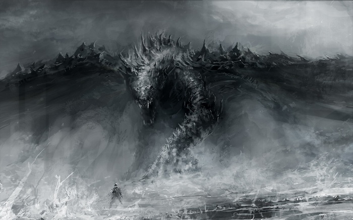 A fearsome dragon emerges from the sea before a lone warrior