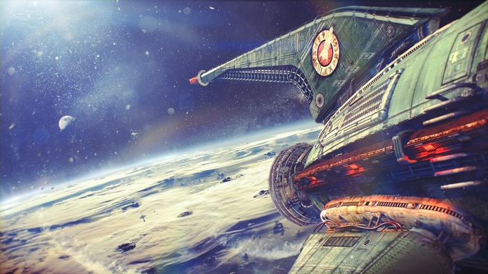 Planet Express spaceship in orbit above a planet