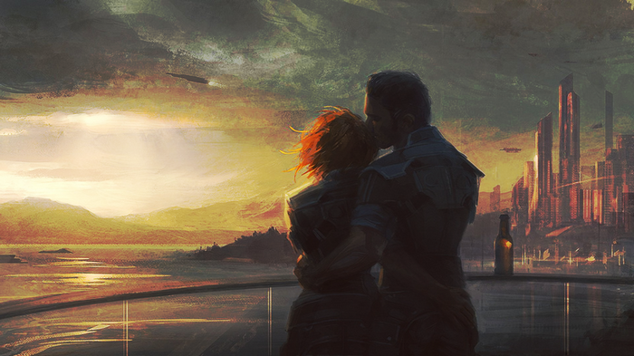 Mass Effect concept art of a couple embracing at sunset