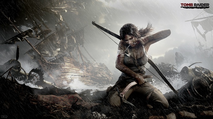 Lara Croft in Tomb Raider with Shipwreck in Rain