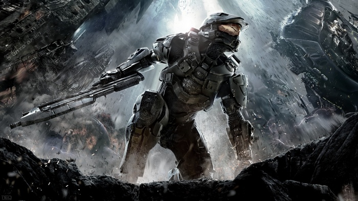 Master Chief holding a gun in a destroyed environment